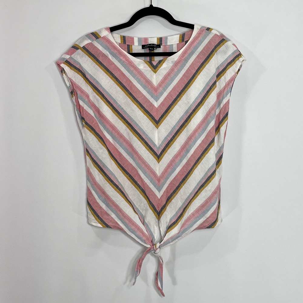 Charlie B Women Pink Yellow Blue Striped Linen Blend Tie Front Top C4271-033B M